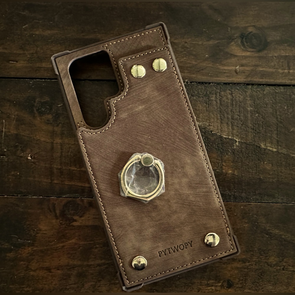 PYTWOPY Brown Leather Phone Case with Gold Accents